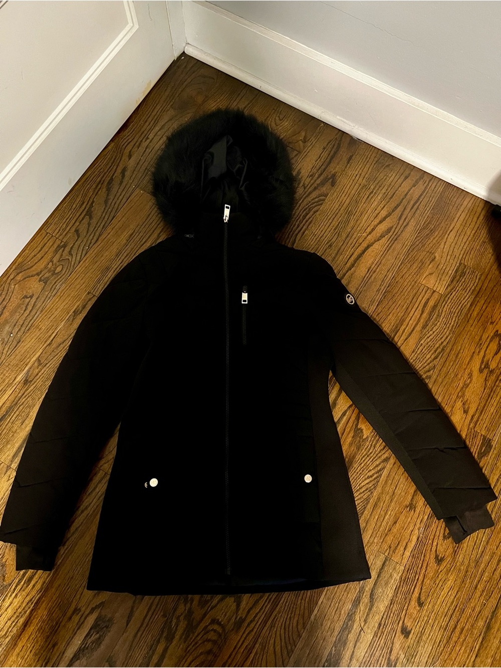 Michael Kors Women's Black Hooded Parka Coat with Faux Fur Trim